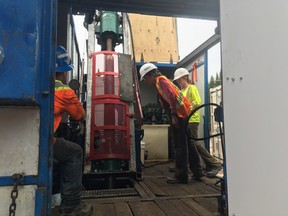 Field staff drill a borehole at the a site under consideration for the Nuclear Waste Management Organization's deep geological repository west of the Township of Ignace in 2019. (NWMO/nwmo.ca)
