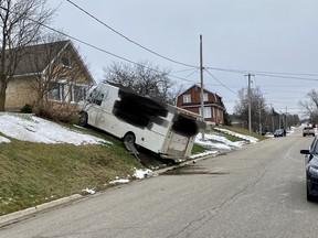 West Grey Police distributed this photo of a stolen delivery van which crashed near a Saddler Street East home in Durham Wednesday morning. Two people from Owen Sound have been charged with several crimes. West Grey Police/Twitter