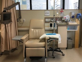 A station where a patient would receive chemo therapy treatment for sometimes 20 minutes and other times hours at the Cancer Centre of Southeastern Ontario located within Kingston Health Sciences Centre and Kingston General Hospital in Kingston, Ont. on Thursday April 19, 2018. Steph Crosier/The Whig-Standard/Postmedia Network