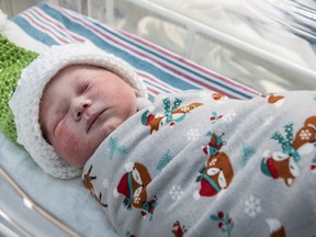 Francis Clyde James Laws was born at 3:09 a.m. on New Year's Day at Kingston Health Sciences Centre - Kingston General Hospital in Kingston, Ont. to first-time mom Alicia Elliott and is the first son for dad Evan Laws.