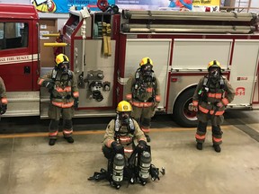 Members of the South Bruce Fire Rescue – Mildmay Carrick Station #180 receiving and displaying the
new SCBAs. From L-R: Firefighters Tyson Kraemer, Brett Waechter, Derek Butler, Steve Allen and Nick Durrer
(front). SUBMITTED