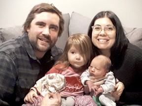 Danny Farrell, Krista Sutherland and daughter, Aspen, 2, welcome their son, and brother, Laken, as the first baby born in Sault Ste. Marie in 2021. SUPPLIED