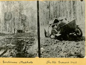 1980.1137.022 No matter how one looks at it, the early Grouard Trail was less than an ideal roadway. It is uncertain the year these photographs from H.A. George’s collection were taken. What is certain is his description of a “continuous mudhole”, or as Jean Cameron Kelley referred to it – “unholy” and others, not necessarily North American travellers, called it “one of the worst roads in North America” is believable. What also is certain – the grit to travel through these conditions.