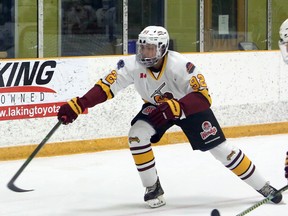 Timmins Rock defenceman Chris Innes plays against the Rayside-Balfour Canadians during first-period NOJHL action at Chelmsford Arena in Chelmsford, Ontario on Thursday, November 26, 2020.