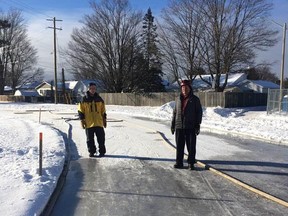 On December 29, some Lions Club members were out in the cold watering the Espanola track outside the Complex. The only thing growing in this frigid, freeze is the skating ring around the track that will be ready very soon, said Grant Lewis.

The gravel track has been groomed by the town plows after the past few snow storms, plowing and packing down the snow to make for a solid base for the ice.

Now comes the time consuming job of flooding and making sure the ice surface will be smooth for all the skaters anxiously awaiting the outdoor ice skating location.