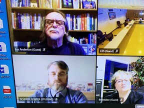 Les Anderson, upper left, a spokesperson for the Lynnwood Arts Centre board of directors and a director of the Simcoe BIA, submitted a revised proposal to Norfolk council Wednesday regarding the future management of the Norfolk Arts Centre in Simcoe. At bottom right is Brendalee Engelhardt, chair of the Lynnwood board. – Monte Sonnenberg