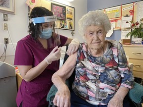 104-year-old Bea Mockford was one of the first residents at Sherwood Care to receive the Moderna COVID-19 vaccine on Tuesday, Jan. 5. Photo Supplied