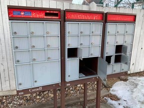 A photo of a community mailbox that was broke into in Clarkdale Meadows. According to local RMCP, in November and December 2020 there were 29 reports, including parcel thefts from residences and community mailboxes in Strathcona County. Photo via Facebook
