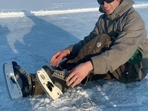 Spencer Jennings, who is responsible for the outdoor skating area, said he saw his friend, Michael Murray, clearing off the ice on Christmas Day to make an outdoor hockey rink on Wawa Lake. PROVIDED