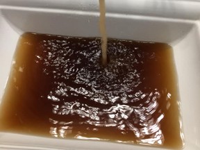 This photo of manganese-tainted water was posted to the Verner Let's Talk Facebook group page by Joceyln Dauphinais Desbiens on Jan. 2. Localized flushing of distribution lines last week appears to have cleared up the issue.
Supplied Photo