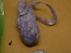 This baggie of purple powder – seized four months ago in Port Elgin – is a mixture of Fentanyl and Etizolam according to the findings of a Centre of Forensic Sciences report released by Saugeen Shores Police Service Jan.7.