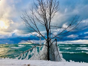 Mother Nature's frozen wonder was captured recently along the Lake Huron shoreline by local photographer Jennifer O'Reilly who called the light just before sunset a 'rare moment' of beauty in Saugeen Shores during times of stress.