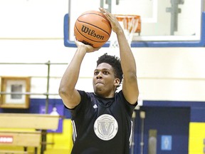 Laurentian Voyageurs guard Kadre Gray takes some shots at team practice in Sudbury, Ont. on Monday November 27, 2017.