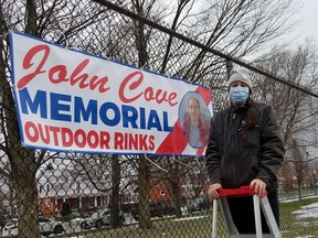 Leigh Cove helped install the rinks and signs this year at Victoria Park. To honour her late father's memory, the rinks were renamed the John Cove Memorial Outdoor Rinks. Submitted