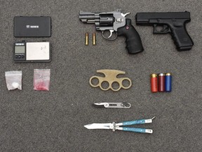 Strathroy-Caradoc police seized a sawed-off shotgun, replica pistol, ammunition, fentanyl, methamphetamine and cash during a search of a home on Head Street North on Jan. 8. A 32-year-old Strathroy man faces several drug and weapons charges.