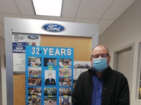 Allan Snowden had a small staff celebration at Montgomery Ford on Thursday, December 31 to commemorate  his retirement after 32 years with the dealership. Hannah MacLeod/Lucknow Sentinel