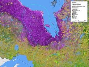 This topographic map shows the boundary of Mushkegowuk Territory (lined in blue within the middle of the map) and the land surface features within.

Supplied