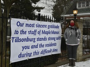 Cathy Ryan, one of the organizers of a massive push to support the staff and residents at Maple Manor in Tillsonburg. The home's outbreak has claimed the lives of 11 residents, and in support, the community has put a sign outside the home. (Kathleen Saylors/Woodstock Sentinel-Review)