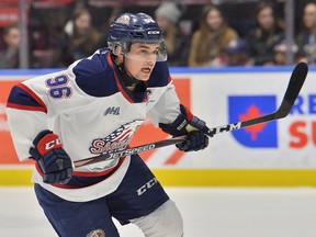 Damien Giroux in action with the Saginaw Spirit in 2019-20.