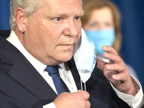 Ontario Premier Doug Ford prepares to speak at Queen’s Park in Toronto on January 12, 2021.