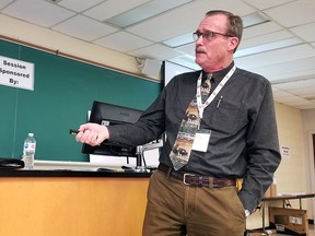 In this file photo, Peter Sikkema, a professor at the Ridgetown Campus of the University of Guelph who specializes in weed control, speaks about glyphosate-resistant weeds during the Southwest Agricultural Conference Jan. 7, 2019. (Tom Morrison/Chatham This Week)