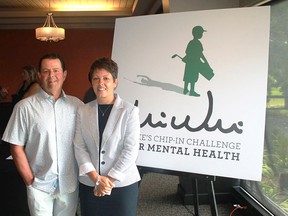 Paula Reaume-Zimmer stands with the Weir Foundation’s Jim Weir at the kick off of Mike’s Chip In Challenge for Mental Health in July 2019. Lambton Elderly Outreach announced that Reaume-Zimmer became its new CEO on Jan. 4. File photo/Sarnia This Week