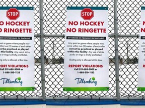 The town of Tillsonburg put up signs Tuesday to remind residents that playing hockey and ringette isn't allowed at the J.L. Scott McLean Outdoor Recreation Pad in Tillsonburg. (Submitted)