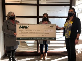 BBBS Executive Director Dawn Froese receiving a $750 cheque from the folks with MNP. (supplied photo)