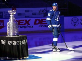 Tampa Bay Lightning captain and Sarnia Sting alumnus Steven Stamkos looks at the Stanley Cup as he's introduced before the season opener against the Chicago Blackhawks at Amalie Arena in Tampa, Fla., on Wednesday, Jan. 13, 2021. Kim Klement/USA Today
