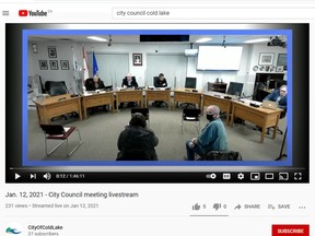 A screenshot from the Jan. 12 Cold Lake city council meeting. It was the first council meeting to be livestreamed to YouTube.
