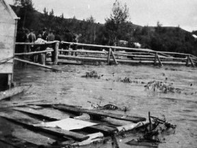 •	73.550.010 – The Heart River Bridge, built circa 1908, to unite the Crossing’s downtown with residences and businesses on the southside, lay in the path of a marauding Heart River in 1914. The damaged and displaced wooden bridge rode the swell of the flood farther down the Heart and into the Mighty Peace on its way north to Fort Vermilion.
