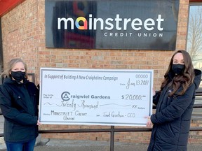 Mainstreet Credit Union recently made a $20,000 donation to the 'Building a New Craigholme' project in Ailsa Craig. Pictured are employees of the Ailsa Craig Mainstreet branch, Tammy Thompson and Jennifer Sullivan.Handout