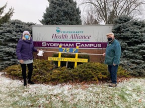 Mary Lou Crowley (left), the Chatham-Kent Health Alliance Foundation's president and CEO, accepts a cheque for $143,420 from Mike Zell, the Wallaceburg Rotary's Charitable Trust chair, on Dec. 30 at the Health Alliance Wallaceburg site. Handout/Courier Press