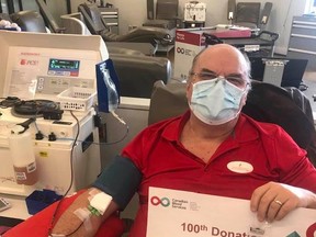 Bruce Totman, of Espanola donated blood for the 100th time on January 12 at the Plasma Donor Centre in Sudbury.