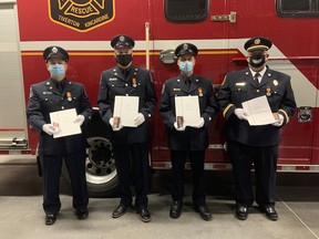 L-R: Firefighter Scott Allen, Firefighter Murray Harris, Acting Captain Andy McIntosh (Retired) and Captain Don Huston. SUBMITTED