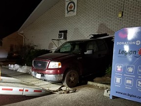 A vehicle backed through the outer wall of the West Elgin branch of the Royal Canadian Legion on the evening on Jan. 11. (Handout/Postmedia Network)