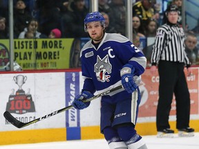 Captain Kyle Rhodes, of the Sudbury Wolves, played his last home game with the OHL club against the Barrie Colts at the Sudbury Community Arena in Sudbury, Ont. on Friday March 16, 2018.