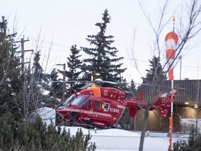 The STARS helicopter sits on the landing pad in front of the Queen Elizabeth II Hospital.  Last year, the Grande Prairie STARS location serviced more than 300 calls in the Peace Region.