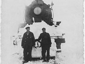 This train outfitted with a snowplough may be a rotary snow blower brought to Bruce County from Quebec to help clear tracks after the storm of 1947.