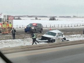 Michael Patrick Hill, 23, of Onion Lake, Sask., is facing eight charges and a 21-year-old woman, from the same town, was charged with theft of a motor vehicle following a lengthy RCMP chase that started in Vermilion and ended in northern Strathcona County on Highway 21.
Photo courtesy Jenna Cowan/Facebook