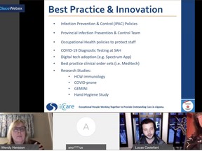 A screen shot shows Sault Area Hospital president and CEO Wendy Hansson (left), along with Dr. Lucas Castellani, an infection control specialist at SAH, and SAH chief of staff Dr. Silvana Spadafora, speak to the public portion of Monday’s virtual SAH board of directors meeting.  YouTube