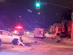 Two-vehicle collision at Pine Street and Wellington Street East on Saturday, Jan. 23, 2021 in Sault Ste. Marie, Ont. (BRIAN KELLY/THE SAULT STAR/POSTMEDIA NETWORK)