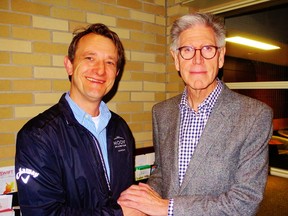 Robert Malinowski, left, of Breslau, has resurrected plans to redevelop the former Delhi Foundry property in Delhi now that the King Street reconstruction project is complete. Malinowski is seen here with Delhi planning consultant David Roe following approval of his initial proposal for the one-acre parcel at Governor Simcoe Square three years ago. – Monte Sonnenberg