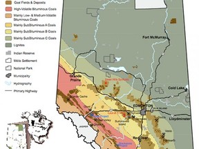 This map shows the different types of coal found in certain areas around the province as well as coal leases, coal lease applications, coal deposits and In Situ Coal Gasification (ISCG) sites. Photo Alberta Wilderness Association.