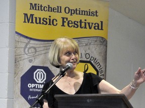 Dianne Josling, of the Mitchell Optimist Club, has acted as master of ceremonies during the Music Festival's Concert of Stars. This year, a virtual festival is planned for solo performances only. ANDY BADER/MITCHELL ADVOCATE