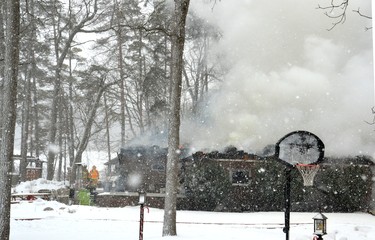 The extent of the damage at the building’s east end can be seen here. Flames could still be seen in the building’s remains. Galen Simmons/The Beacon Herald/Postmedia Network