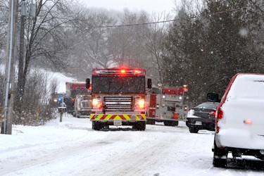 Both Forest Road and the section of rail line that passes to the west of the Forest Motel were closed as emergency crews battled the fire. Galen Simmons/The Beacon Herald/Postmedia Network