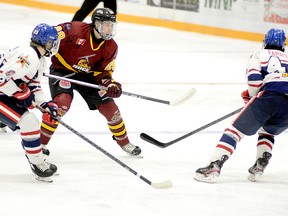 The Timmins Rock have traded blue-liner Brendan Boyce, shown here in action during a game against the Rayside-Balfour Canadians at the McIntyre Arena on Nov. 28, to the AJHL’s Whitecourt Wolverines. Boyce was second in scoring among NOJHL blue-liners at the time of the trade and had been named the league’s top D-man in December, after being as runner-up for the award in November. THOMAS PERRY/THE DAILY PRESS