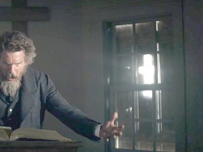Ethan Hawke as abolitionist John Brown in an episode of The Good Lord Bird speaks to a crowd of Chathamites inside of a church referred to as First Methodist. (Showtime/Crave)