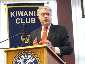 Mayor Mike Bradley is hoping for a mass COVID-19 vaccination by the end of the year and to ring in 2022 with a big downtown party in celebration. He made the comment while addressing the Sarnia Golden K Kiwanis Club on Jan. 19 via Zoom. The photo shows Bradley addressing the service club in January 2020. File photo/Postmedia Network